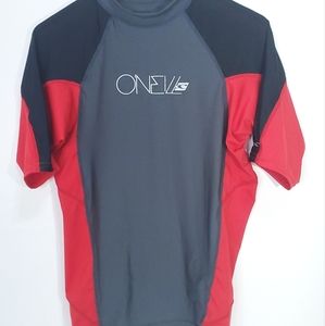 O'Neill Wetsuit Top Men's Basic Skins UPF 50+ 3/4 Sleeve Gray Red Medium